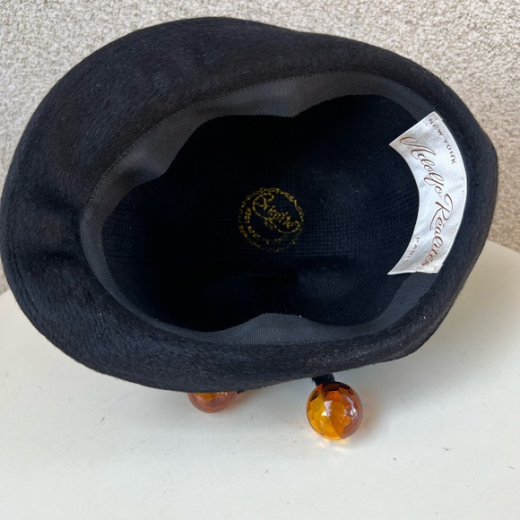 Vintage black wool bucket hat 2 lucite amber balls Adolfo Realites Small 21” - Picture 10 of 10